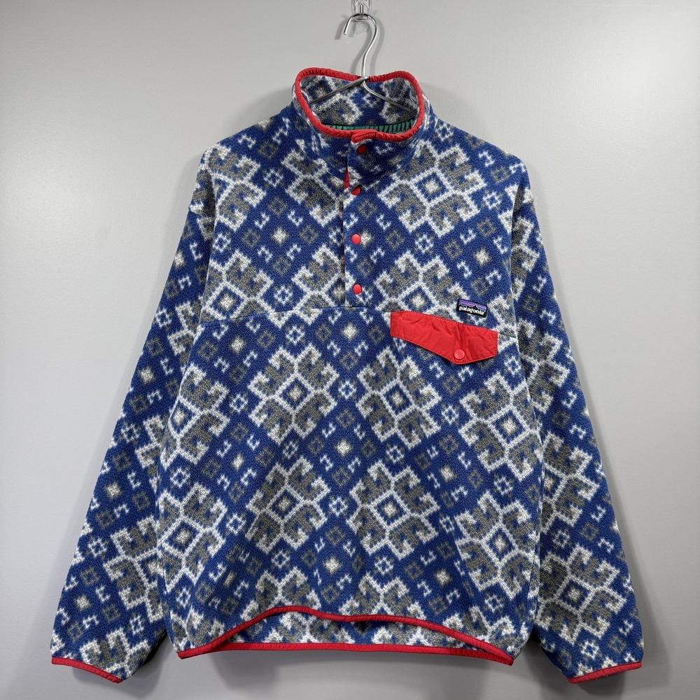 Patagonia Synchilla Fleece Pullover Mens Medium Blue Geometric Snap-T Mock Neck